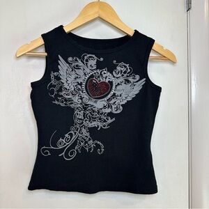 Grunge Rhinestone Heart Graphic Tank Top. Color:  Black. Size: Medium